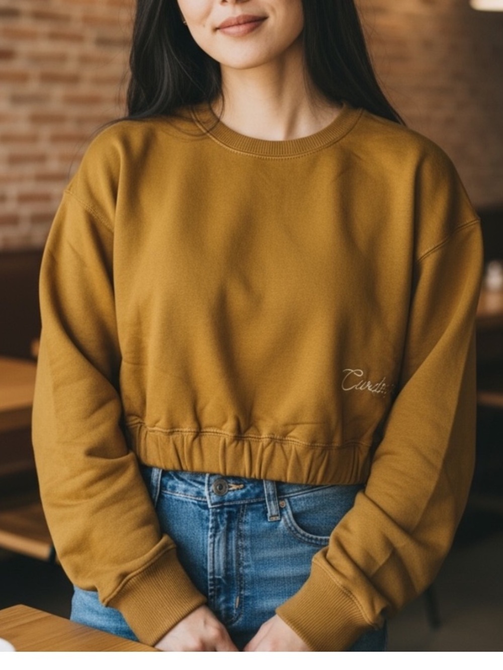 Civil Regime Women’s Cropped Mustard Colored Sweatshirt w/ Logo Size Small NWT